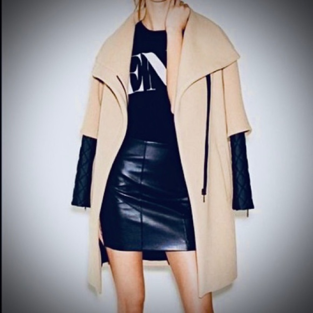Zara Camel coat with quilted faux leather sleeves